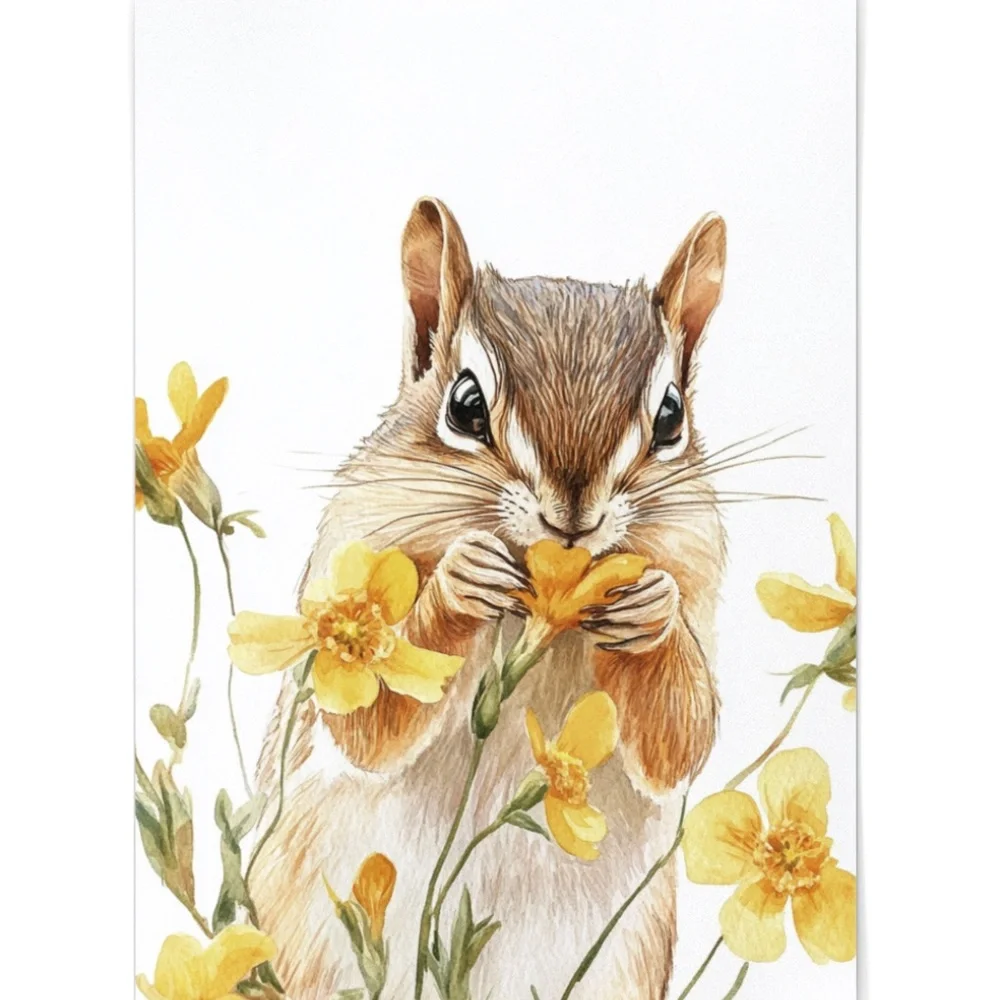 Watercolor Floral Chipmunk Portrait Wall Art Illustration Print Poster Unframed - Picture 2 of 9